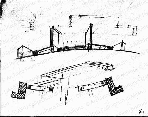 Schizzi dell'ingresso, pianta e prospettiva, s.d. Matita su carta, cm 22,0x28,0. 