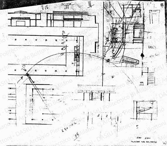 Studio di padiglione tipo per mostre, piante, sezioni e schizzi, scala 1:200, s.d. Matita su lucido, cm 44,0x49,5. 