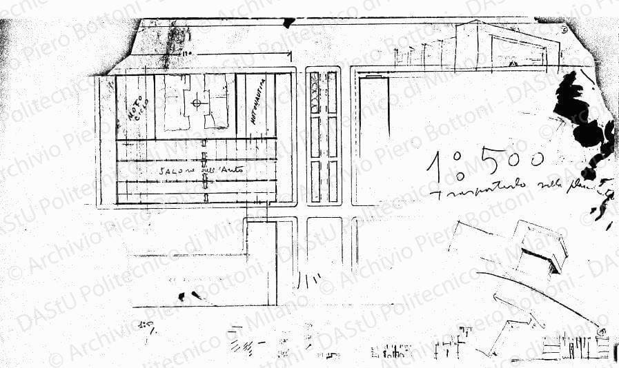 Studio salone dell'auto, moto-ciclo, nautica, aeronautica, pianta e schizzi prospettici, scala 1:200,s.d. Matita e matita rossa su lucido, cm 41,9x66,4. 