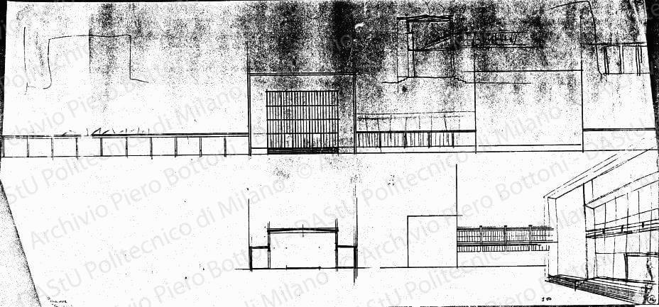 Studio padiglione meccanica, prospetto, sezione e prospettiva, scala 1:200, s.d. Matita su lucido, cm 37,3x73,6. 