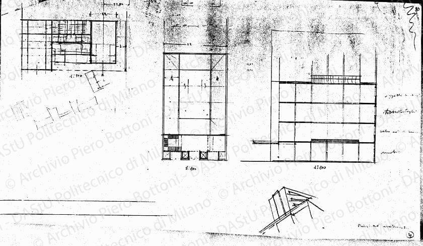 Studio del padiglione arredamento, piante, sezione e schizzi, scala 1:200, 1:500, s.d. Matita su lucido, cm 39,7x71,6. 