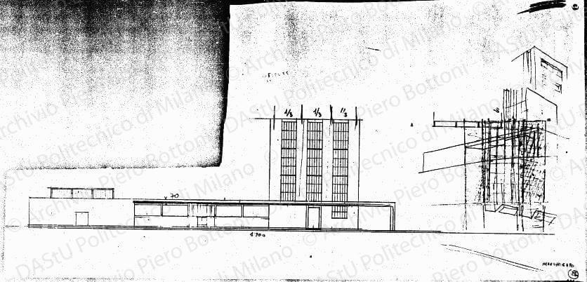 Studio del padiglione arredamento, prospetto e schizzi, scala 1:200, s.d. Matita su lucido, cm 34,0x71,4. Sul verso: schizzo del prospetto a matita. 