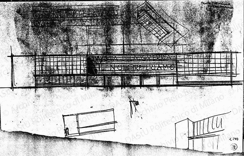 Studio del padiglione mostra agricola, prospetto e schizzi, scala 1:200, s.d. Matita su lucido, cm 25,0x40,0. 