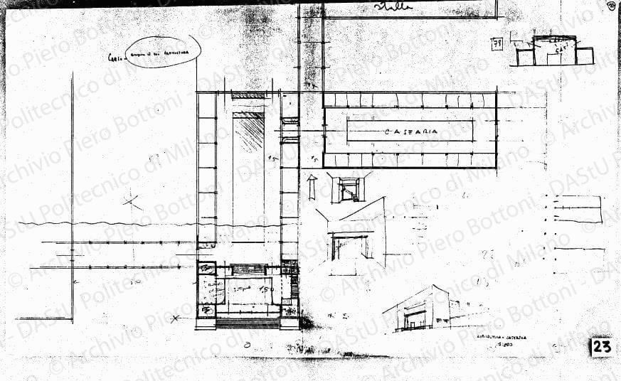 Studio del padiglione mostra casearia, pianta e schizzi, scala 1:200, s.d. Matita su lucido, cm 42,4x74,0. 