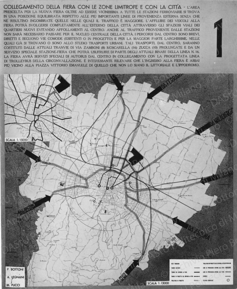 Riproduzione della tavola 1: "Collegamento della fiera con le zone limitrofe e con la città", planimetria della città. Positivo, bianco e nero, 213x173 mm, album giallo n.3, pag.3.