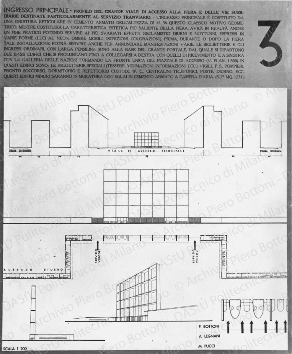 Riproduzione della tavola 3: "Ingresso principale", prospetto, sezione e prospettiva, scala 1:200. Positivo, bianco e nero, 278x227 mm, album giallo n.3, pag.5.