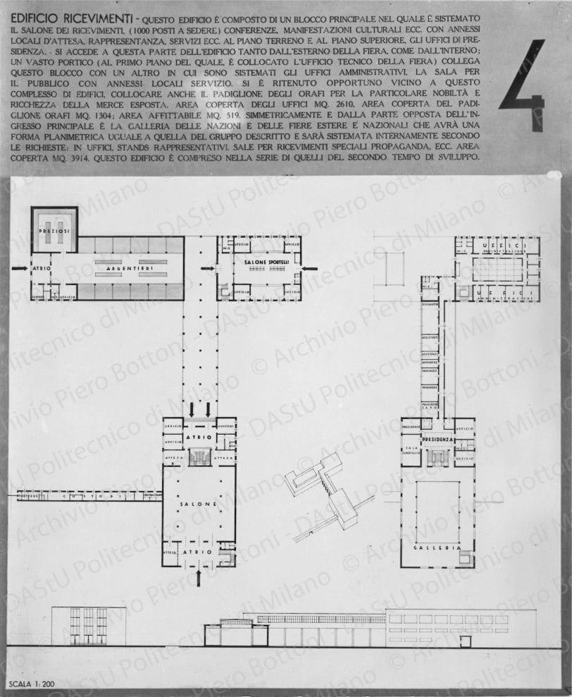 Riproduzione della tavola 4: "Edificio ricevimenti", piante, assonometria, sezione e prospetti, scala 1:200. Positivo, bianco e nero, 209x171 mm, album giallo n.3, pag.6.