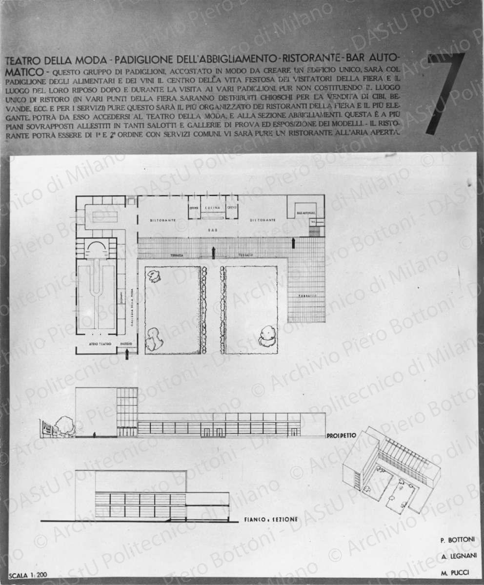 Riproduzione della tavola 7: "Teatro della moda - padiglione dell'abbigliamento - ristorante - bar automatico", pianta, assonometria e prospetti, scala 1:200. Positivo, bianco e nero, 276x227 mm, album giallo n.3, pag.9.