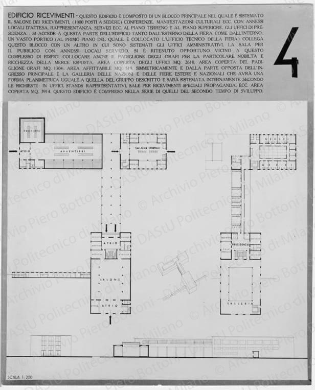 Riproduzione "Tavola 4. Edificio ricevimenti. Piante, prospetto e assonometria scala 1:200", positivo, bianco e nero, mm 210x172. 