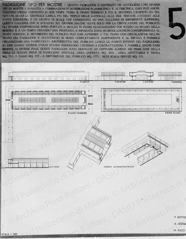 Riproduzione "Tavola 5. Padiglione tipo per mostre. Piante, prospetti, sezioni e assonometria scala 1:200", positivo, bianco e nero, mm 274x224. 