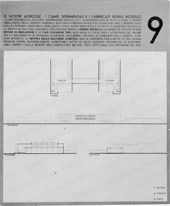 Riproduzione "Tavola 9. Le mostre agricole. I campi sperimentali e i fabbricati rurali modello. Piante, prospetto, sezioni scala 1:200", positivo, bianco e nero, mm 203x168. 