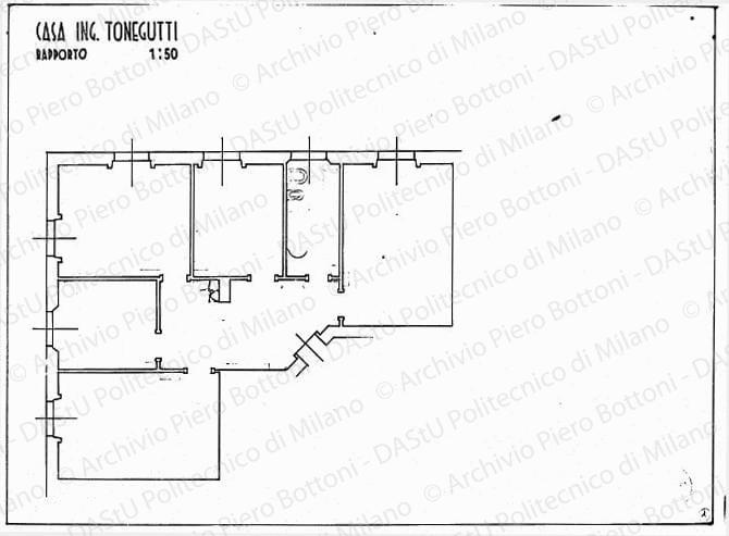 Casa ing. Tonegutti, pianta, scala 1:50, s.d. China e matita su lucido, cm 35,0x48,4. 