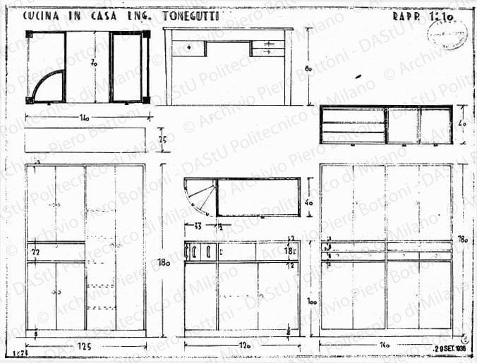 Cucina in casa ing. Tonegutti, mobili, piante, sezioni e viste, scala 1:10, prot. 1874, 29 settembre 1935.Matita su lucido, cm 36,7x49,5. 