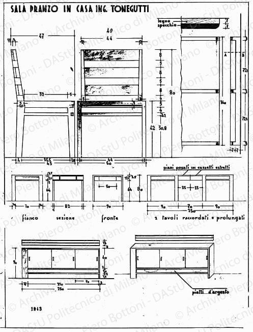 Sala pranzo in casa ing. Tonegutti, mobili, viste sezioni e particolare, scala 1:1, 1:5, 1:20, prot. 1943, s.d. China e matita su lucido, cm 49,2x37,0. 