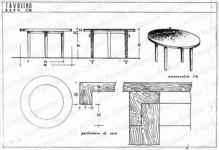 Tavolino, pianta, vista, sezione, assonometria e particolari, scala 1:1, 1:10, prot. 3011, s.d. China e matita su lucido, cm 24,2x38,2. 