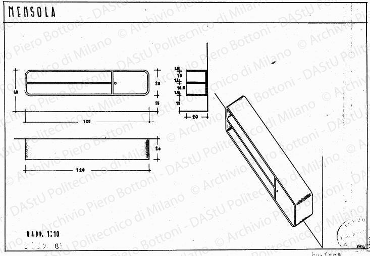 Mensola, viste, sezione e assonometria, scala 1:10, prot. 3012B, s.d. China e matita su lucido, cm 25,7x38,0. 