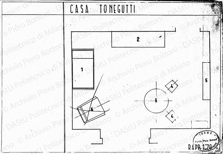 Casa Tonegutti, pianta, scala 1:20, s.d. Eliografia su carta, cm 24,6x39,5. Correzione a matita. 