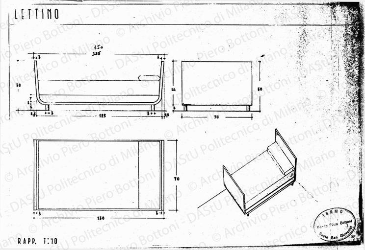 Lettino, viste e assonometria, scala 1:10, s.d. Eliografia su carta, cm 24,4x39,8. Correzione a matita.