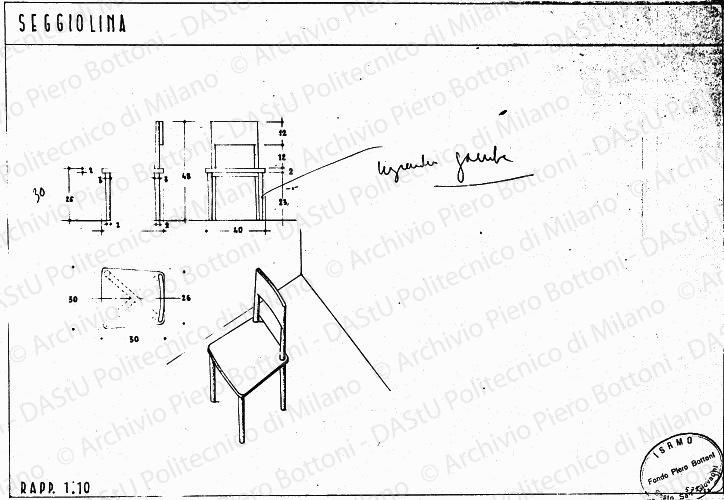 Seggiolina, pianta, viste e assonometria, scala 1:10, s.d. Eliografia su carta, cm 24,5x40,2. Indicazione a matita. 