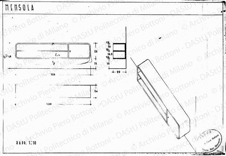 Mensola, viste, sezione e assonometria, scala 1:10, s.d. Eliografia su carta, cm 24,8x40,0. 