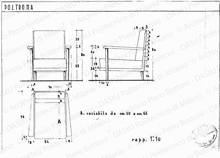 Poltrona, viste, scala 1:10, s.d. Eliografia su carta, cm 24,0x40,0. 