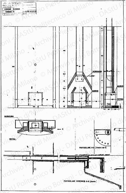 Camino in casa Tonegutti, viste, sezioni e particolari, scala 1:1, 1:10, prot. 5210, 2 febbraio 1942. China e matita su lucido, cm 75,7x49,0.