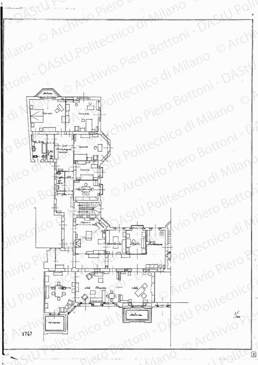 Pianta, scala 1: 100, s.d. Matita su lucido, cm 58,0 x 45,2.