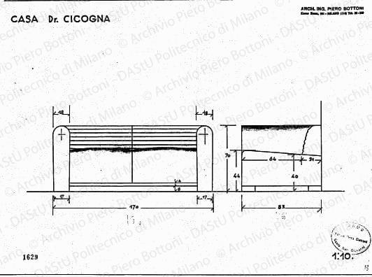 Casa dr. Cicogna, divano, vista frontale e laterale, scala 1:10, prot. 1629, s.d. China e matita su lucido, cm 29,5x40,5. 