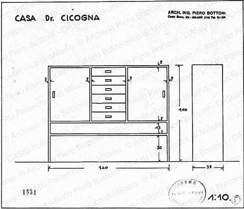 Casa dr. Cicogna, mobile, vista frontale e laterale, scala 1:10, prot. 1631, s.d. China su lucido, cm 24,2x28,3. 