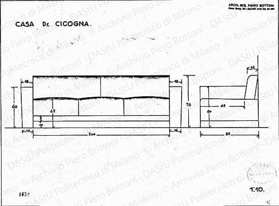 Casa dr. Cicogna, divano, vista frontale e laterale, scala 1:10, prot. 1633, s.d. China e matita su lucido, cm 31,0x41,5. 