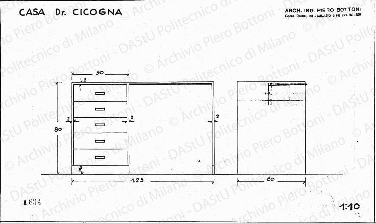 Casa dr. Cicogna, scrivania, vista frontale e laterale, scala 1:10, prot. 1634, s.d. China su lucido, cm 20,0x33,3. Correzione a matita. 