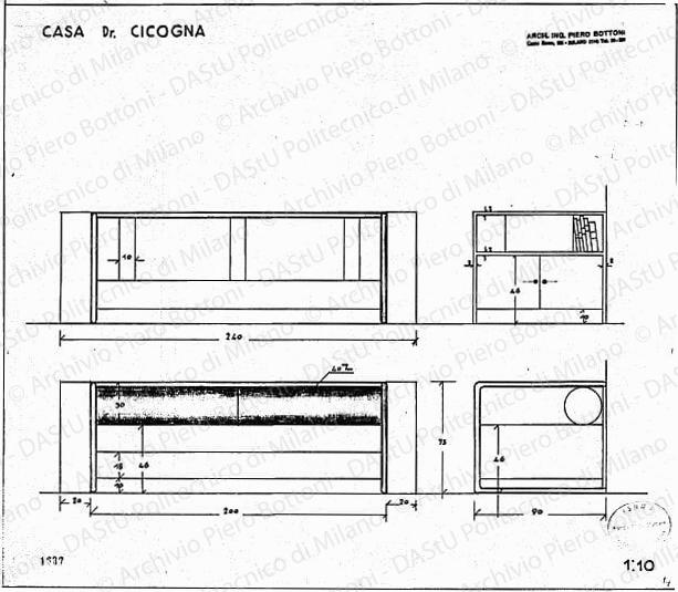 Casa dr. Cicogna, divano con mobiletto, viste, scala 1:10, prot. 1637, s.d. China e matita su lucido, cm 40,0x46,0. 