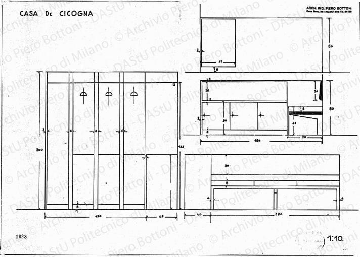Casa dr. Cicogna, mobili, viste e sezione, scala 1:10, prot. 1638, s.d. China e matita su lucido, cm 37,5x53,0. 