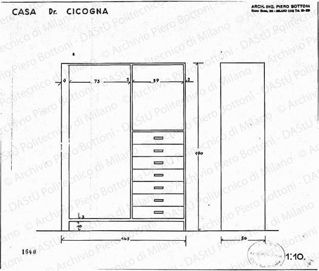 Casa dr. Cicogna, armadio con cassettiera, fronte e fianco, scala 1:10, prot. 1640, s.d. China su lucido, cm 31,5x37,0. 