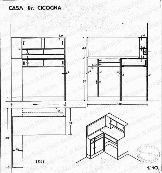 Casa dr. Cicogna, mobile cucina, pianta, viste, sezione e assonometria, scala 1:10, prot. 1641, s.d. China e matita su lucido, cm 33,5x30,8. 