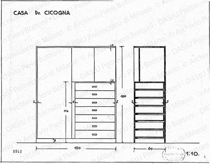 Casa dr. Cicogna, armadio con cassettiera, fronte e sezione, scala 1:10, prot. 1642, s.d. China e matita su lucido, cm 30,5x38,5. 