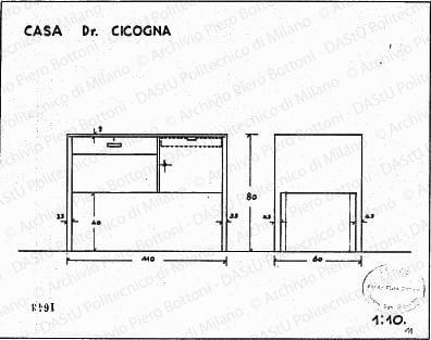 Casa dr. Cicogna, scrivania, fronte e fianco, scala 1:10, prot. 1643, s.d. China su lucido, cm 23,5x30,0. 