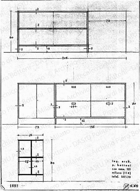Mobile, fronti e sezione, scala 1:10, prot. 1693, s.d. Matita su lucido, cm 36,7x26,5. 