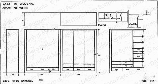 Casa dr. Cicogna, armadi per vestiti, pianta, viste e dettagli, scala 1:1, 1:10, prot. 1704, s.d. China su lucido, cm 34,3x64,9. 