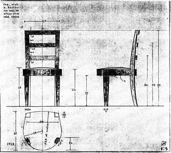 Sedia, pianta e viste, scala 1:5, prot. 1719, s.d. Matita su lucido, cm 36,0x40,0. 