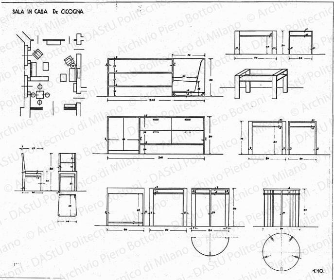 Sala in casa dr. Cicogna, arredamento e mobili, pianta e viste, scala 1:10, 1:50, prot. 1730, s.d. China su lucido, cm 59,0x71,0. 