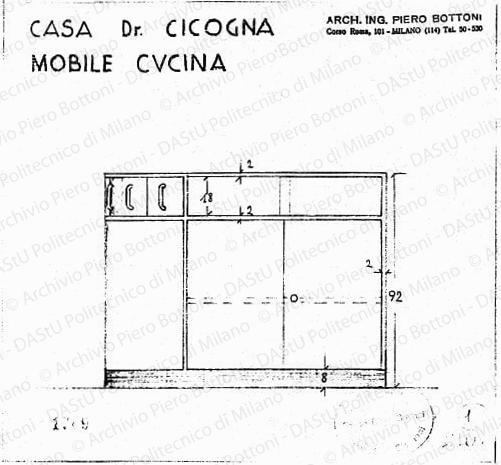 Casa dr. Cicogna, mobile cucina, fronte, scala 1:10, prot. 1749, s.d. Matita su lucido, cm 20,0x21,0.