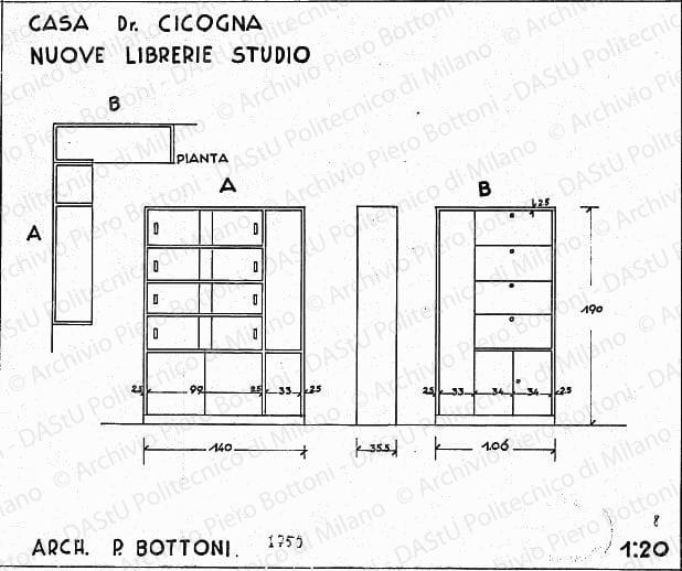 Casa dr. Cicogna, nuove librerie studio, pianta e viste, scala 1:20, prot. 1750, s.d. China su lucido, cm 25,5x31,0. 