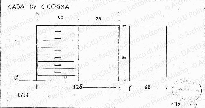 Casa dr. Cicogna, scrivania, fronte e fianco, scala 1:10, prot. 1754, s.d. Matita su lucido, cm 16,0x30,0. 