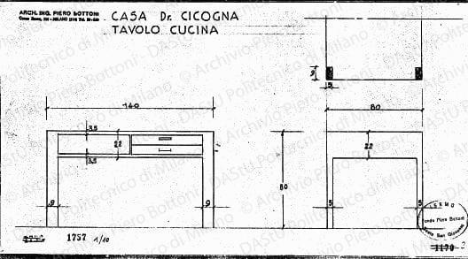 Casa dr. Cicogna, tavolo cucina, pianta, fronte e fianco, scala 1:10, prot. 1757, s.d. Matita su lucido, cm 21,2x39,4. 