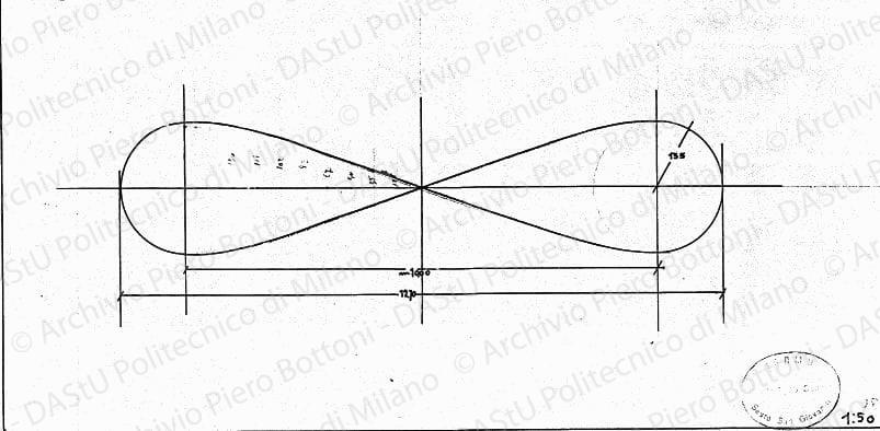 Sagoma "otto regolamentare", pianta, scala 1:50, s.d. China e matita su lucido, cm 19,3x38,3.