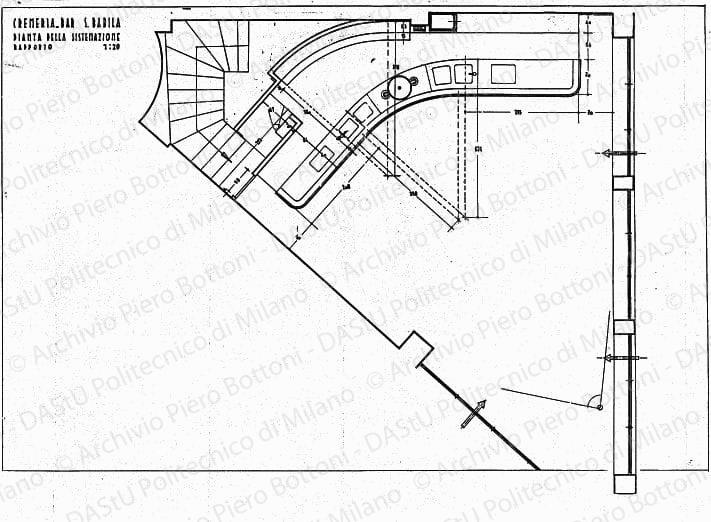 Cremeria-bar S. Babila, pianta della sistemazione, scala 1:20, s.d. China su lucido, cm 49,5x74,0.