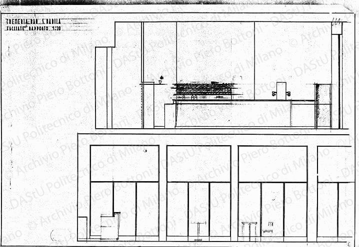 Cremeria-bar S. Babila, facciate, scala 1:20, s.d. China e matita su lucido, cm 51,0x74,0. Correzioni a matita. 