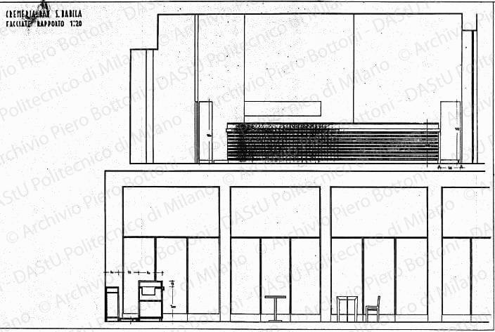 Cremeria-bar S. Babila, facciate, scala 1:20, s.d. China e matita su lucido, cm 50,0x76,0. 