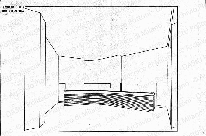 Cremeria-bar S. Babila, vista prospettica, s.d. China su lucido, cm 49,7x76,1. 